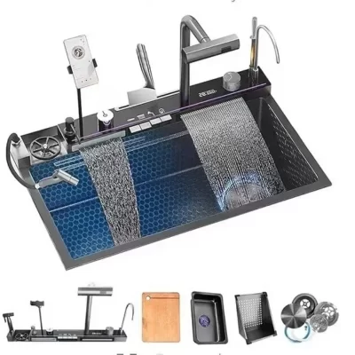 Pia cascata de aço inoxidável 304 para cozinha, grande slot único, display digital, lavatório em relevo, pia de lavar louça doméstica