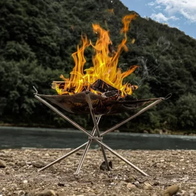 Braço de fogo portátil para acampamento, churrasco, grelha de malha de aço ao ar livre, montagem rápida, durável, leve, viagem, piquenique, rede de acampamento