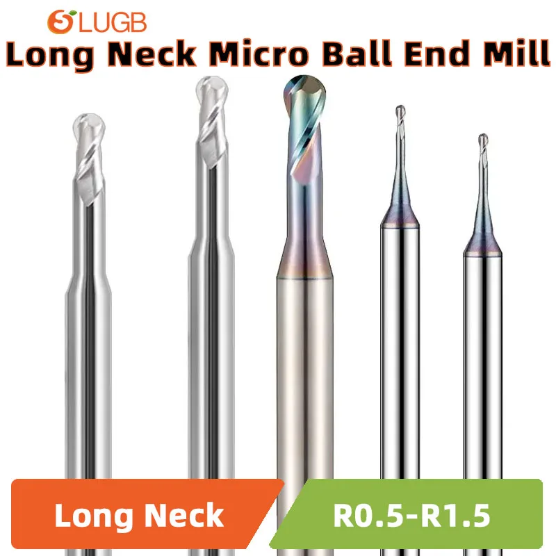 SLUGB Micro Ball End Mill Long Neck Alumínio Cobre Pequeno Fresa de Metal Duro CNC Ferramenta de Usinagem Profunda R0.1-R0.45