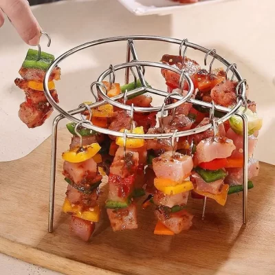 Grelha de fritadeira de ar portátil de aço inoxidável redonda com espetos grelhados pendurado espetos rack churrasqueira para casa cozinha ao ar livre