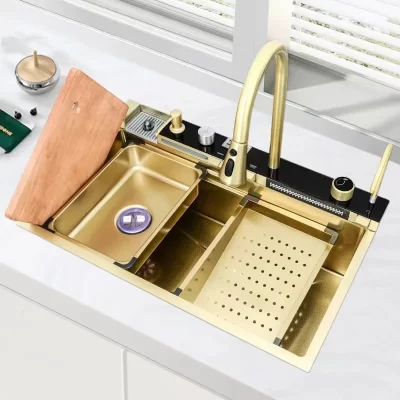 Conjunto de pia de cozinha dourada de vários tamanhos, pia de aço inoxidável, pia digital, luz ambiente, cozinha, grande, pia única