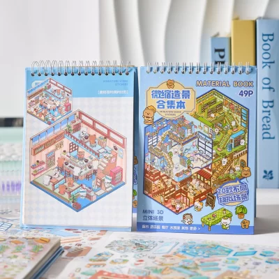 49 peças/saco cena em miniatura adesivo livro cidade comercial 3d estereoscópico casa dos desenhos animados diy cenário decoração adesivo livro