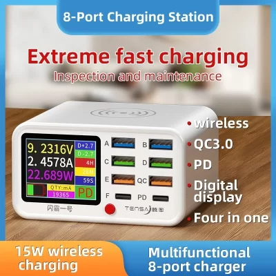 Estação de carregamento rápido sem fio usb multifuncional, 8 portas, carregador de detecção de corrente visual para celular, ipad, carregamento flash