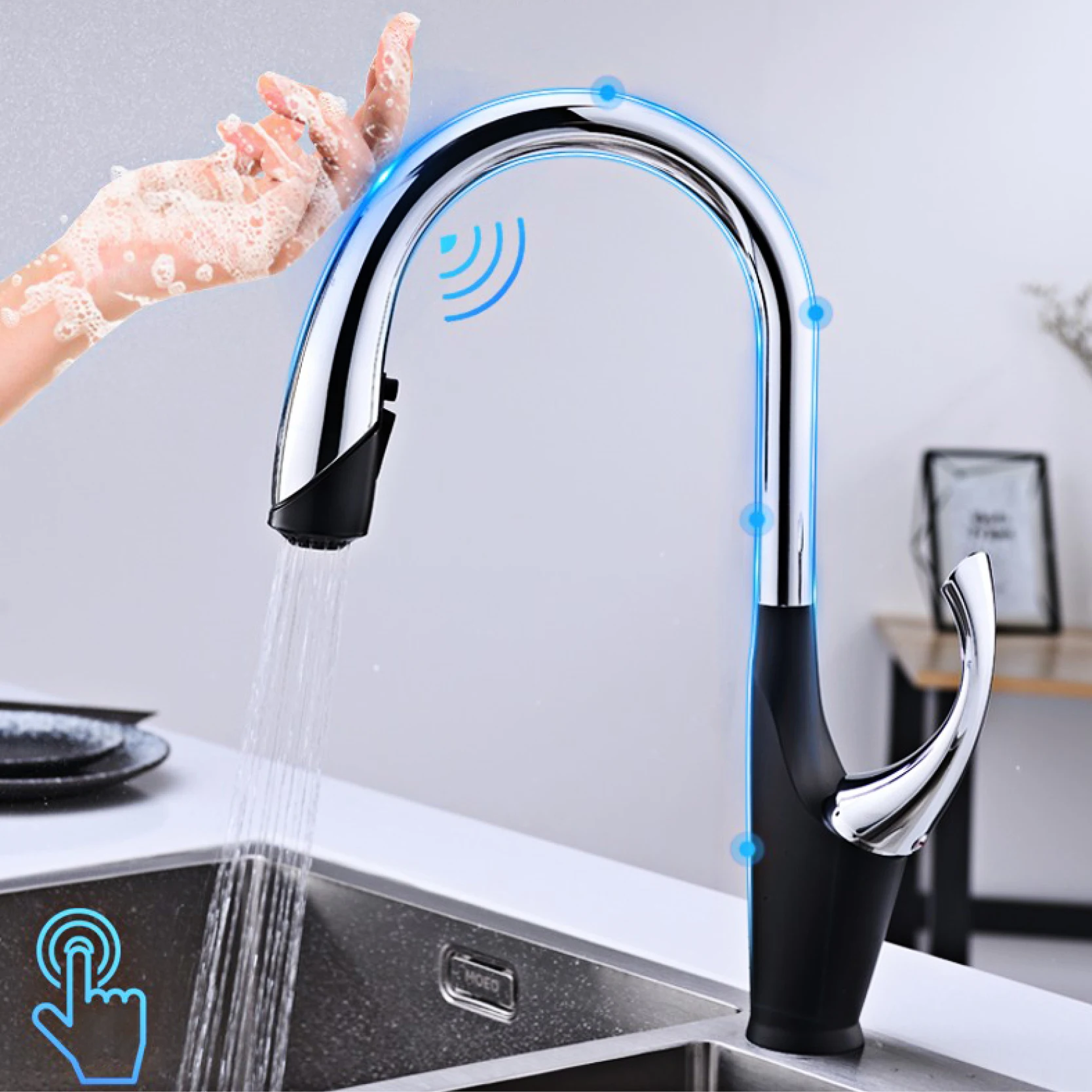 Torneira de cozinha luxuosa com interruptor de toque de latão preto, alça única, núcleo de válvula de cerâmica, água quente e fria, tipo removível, torneira de pia de 3 funções - Image 2