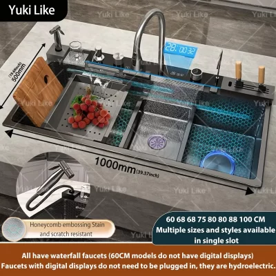 Pia de cozinha cascata de aço inoxidável, novo em relevo, extra grande, slot único, display digital moderno, multifuncional, pias de cozinha