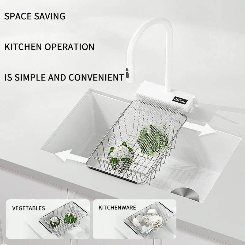 Pia de cozinha de aço inoxidável branca com display digital multifuncional torneira cascata grande lavatório para acessórios de cozinha - Image 6