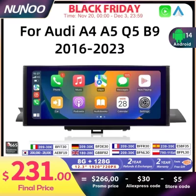 12.3 Android 14 Wireless Carplay For Audi A4 A5 Q5 B9 2017 2016-2023 IPS Touch Screen WIFI Multimedia Stereo GPS Navi Receiver