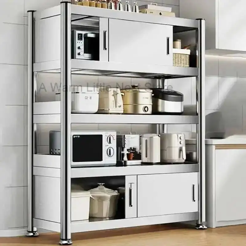 Armários de cozinha de aço inoxidável com porta piso multi-camada porta deslizante rack de armazenamento multi-funcional móveis para casa - Image 2