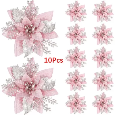 10 pçs 14.5cm glitter flores artificiais de natal mreey árvore de natal decoração para casa feliz ano novo ornamentos natal 2026 navidad