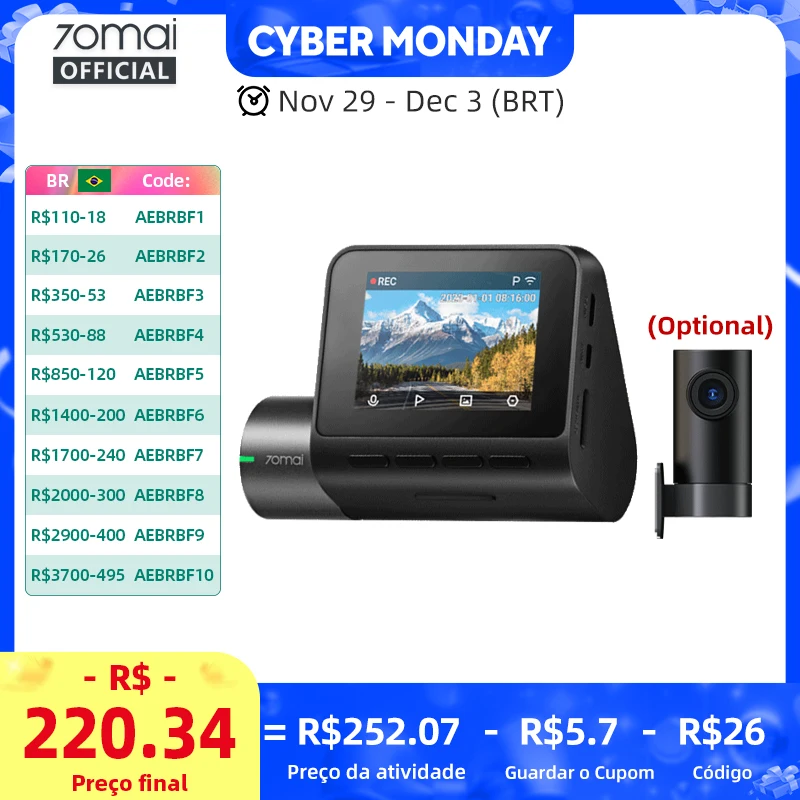 Global 70mai Dash Cam A200 Dual-channel Record 1080P HDR 2'' IPS Screen 24H Parking Monitor 70mai Car DVR A200 WIFI APP 130° FOV