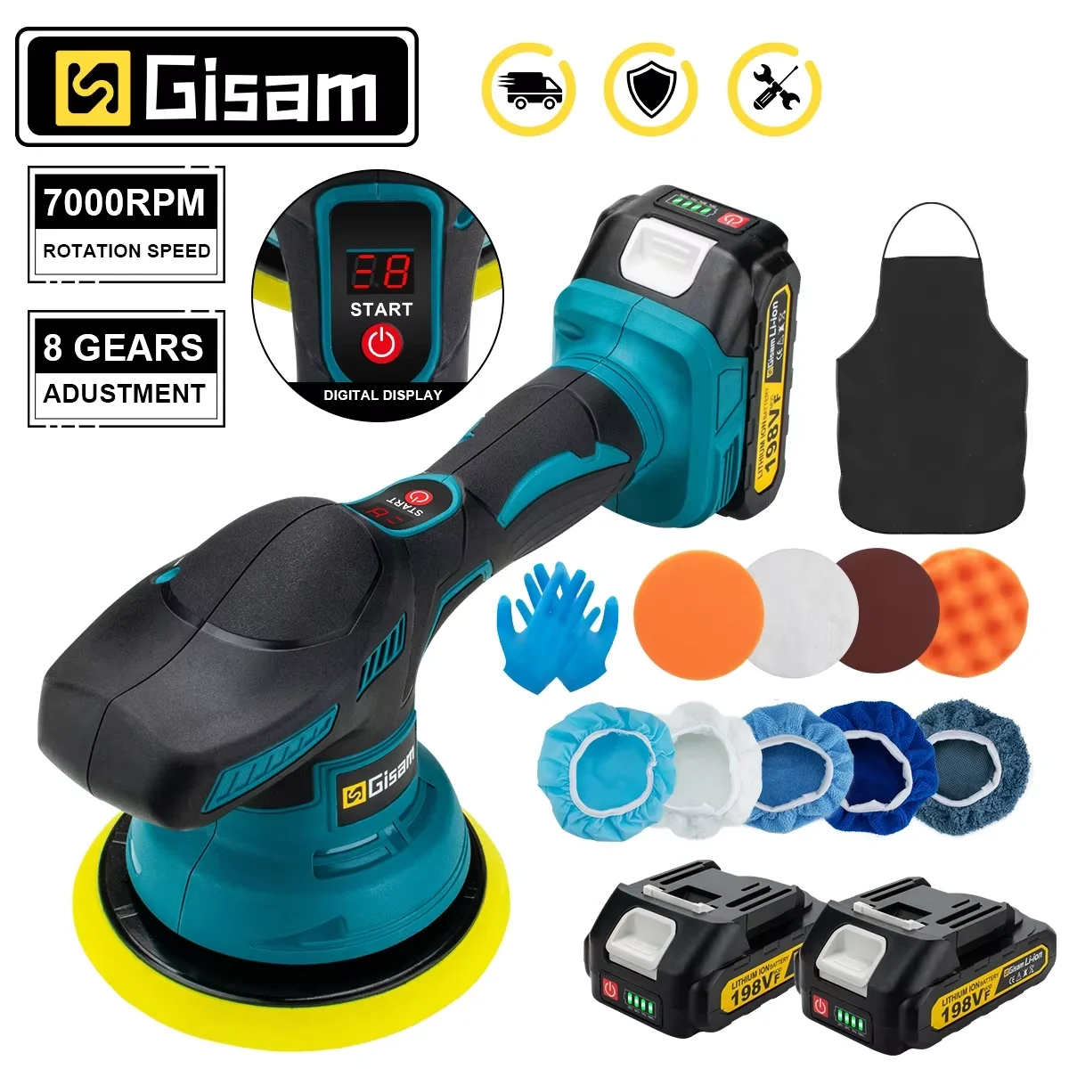 Gsiteis polidor de carro sem fio 8 engrenagens display digital polidor elétrico auto carro polimento máquina depilação para makita 18v bateria