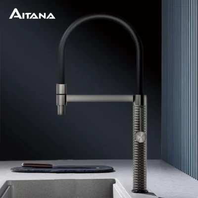 AITANA-torneira de cozinha de latão de luxo, alça única, fria e quente, controle duplo, design moderno, pia preta simples