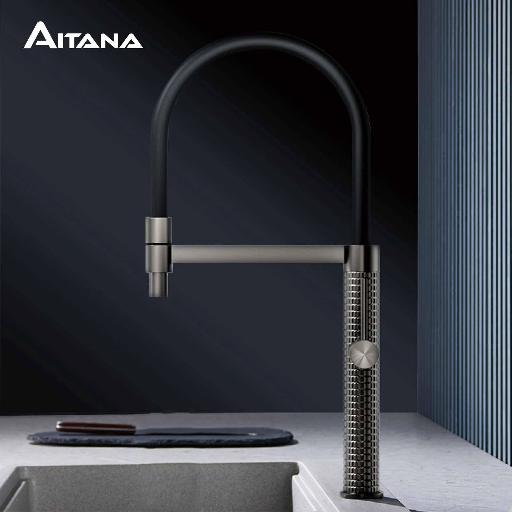 AITANA-torneira de cozinha de latão de luxo, alça única, fria e quente, controle duplo, design moderno, pia preta simples