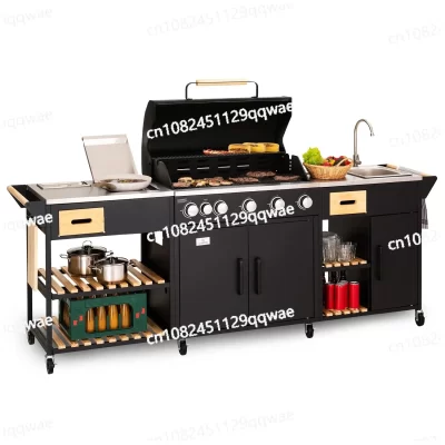 Mesa combinada para cozinha externa com grelha lateral, pia móvel para exterior