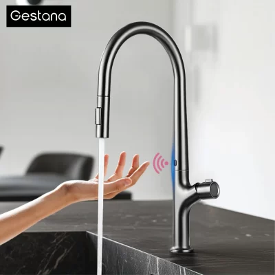 Torneira de cozinha removível cinza arma estilo moderno com 1 alça para detecção inteligente de água quente e fria e 2 funções para torneira de pia