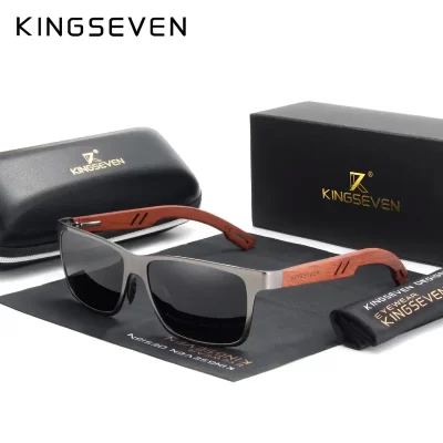 KINGSEVEN Handmade Women Sunglasses Men Polarized Natural Bubinga Wooden Outdoor Travel UV400Aluminum Fashion Sun Glasses Square