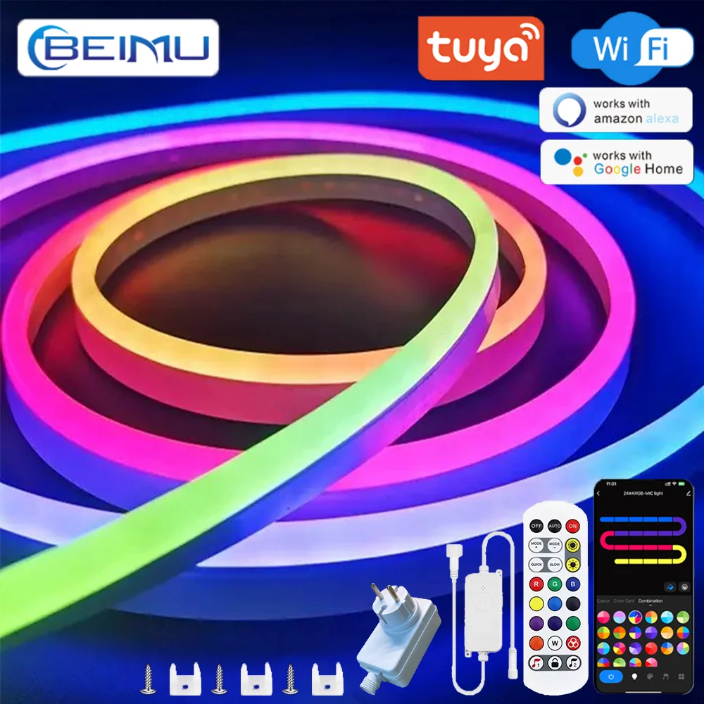 BEIMU Luzes LED neon Tuya Wifi, 5 m, 10 m, 15 m, à prova d'água, sincronização com música, controle por voz, compatível com Aleax/Google Home/Smart Life, para decoração externa de bares, lojas e residências