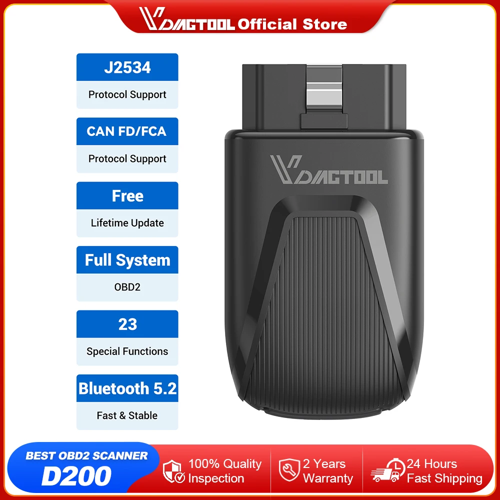 2026 VDIAGTOOL D200 Bluetooth OBD2 Scanner Atualização gratuita para todos os sistemas de diagnóstico de carro 23 Reinicialização J2534 FCA OBD2 Leitor de código