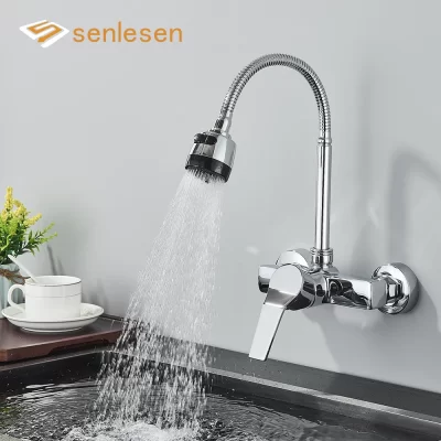Torneira de cozinha cromada com furo duplo, torneira misturadora de água quente e fria sem chumbo, spray de fluxo, borbulhador, rotação 360, tubo flexível