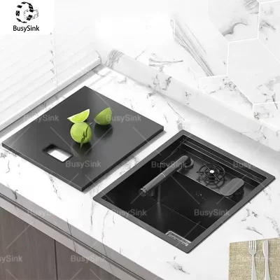 Pia de cozinha pequena escondida em aço inoxidável, pia doméstica para lavagem de vegetais, mini slot único com placa de cobertura, lavadora de copo
