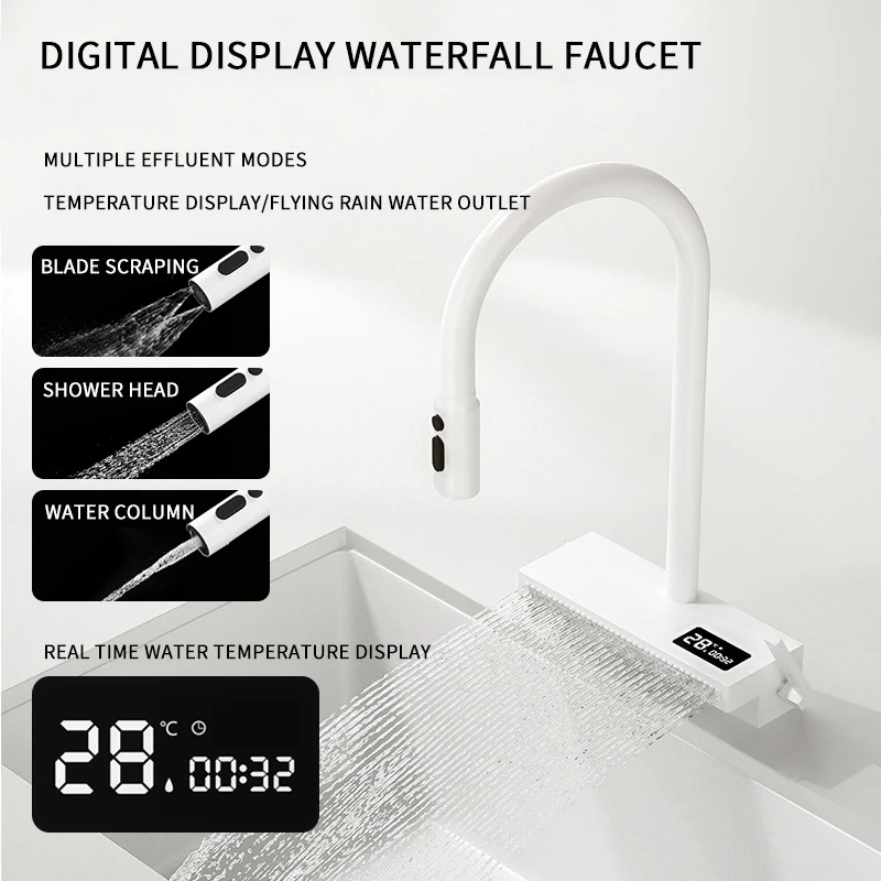 Pia de cozinha de aço inoxidável branca com display digital multifuncional torneira cascata grande lavatório para acessórios de cozinha - Image 3