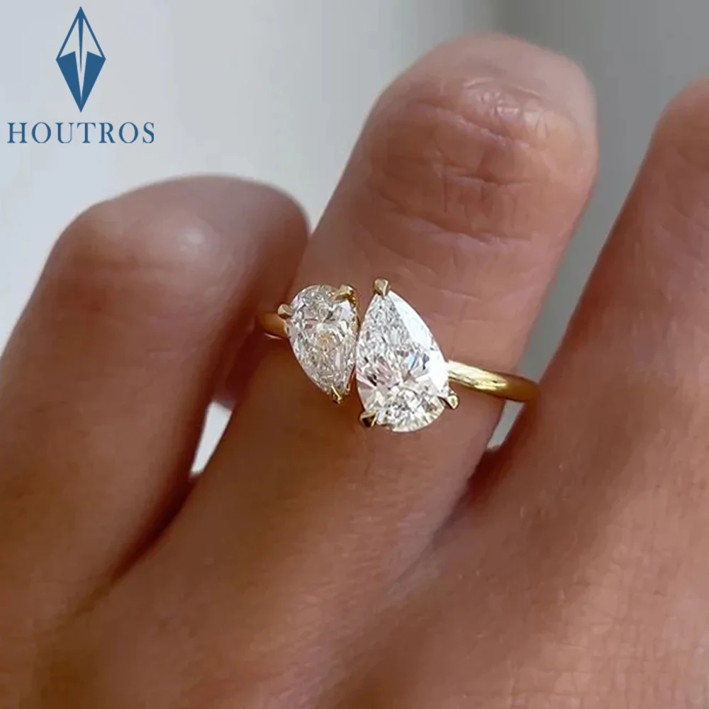 Anel de diamante moissanite com corte de pêra duplo 1.5cttw para mulheres duas pedras Toi Et Moi alianças de casamento 925 prata 18k joias banhadas a ouro