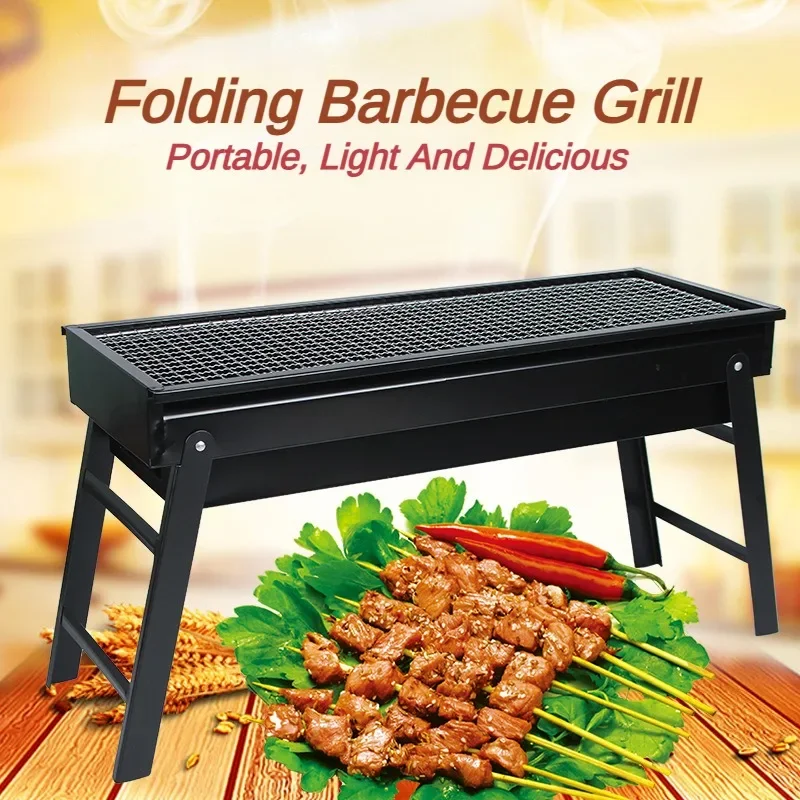 Grelha de churrasco dobrável de 60cm fora facilmente montada pátio verão praia festa máquina de torrefação de carvão com bandeja de condimentos