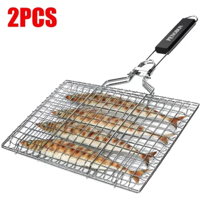 Cesta de peixe grelhada, cesta de grelha portátil dobrável de aço inoxidável com alça removível e bolsa de armazenamento