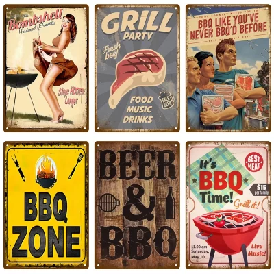 Zona de churrasco decoração para casa metal estanho sinal do pai do vintage churrasco quintal decoração de festa ao ar livre placa retro churrasco regras slogan metal sinal