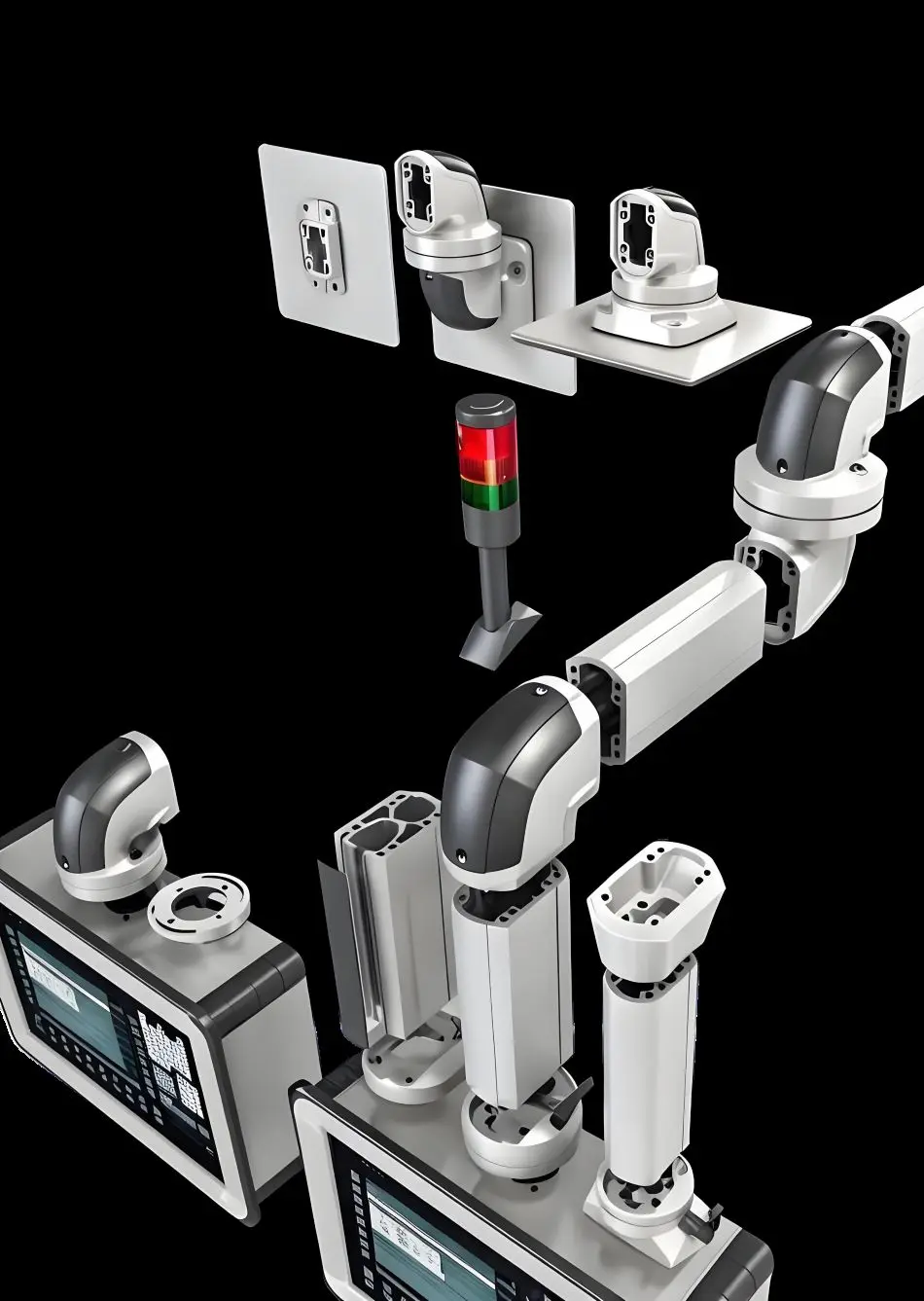 Sistema de Suspensão com Braço Articulado Ajustável, Caixa de Alumínio para Painel Elétrico HMI, Suporte Industrial Reforçado com Fixação por Grampo