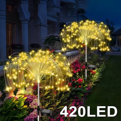Decoração do jardim led solar flor luzes de fadas à prova dwaterproof água ao ar livre energia solar lâmpada fogo de artifício para quintal caminho pátio gramado