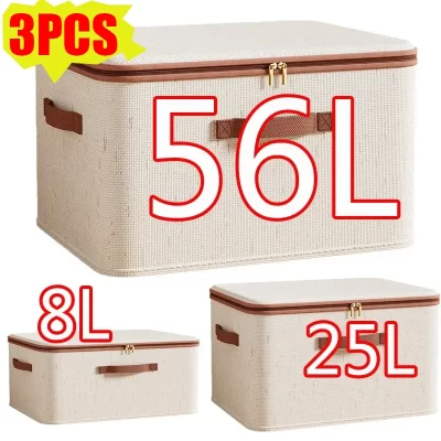 Large Household Storage Box Heavy-duty Hard Shell Cotton Linen Zipper Storage Organizer Box with Lid for Clothes Toys Blankets
