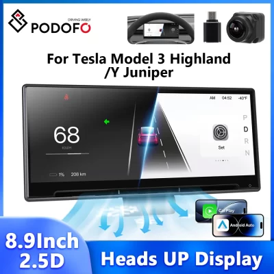 Podofo 8.9'' Heads Up Display for Tesla Model 3 Highland/Y Juniper 2024-2025 Dashboard Car Monitor Carplay Android Auto OTA WIFI