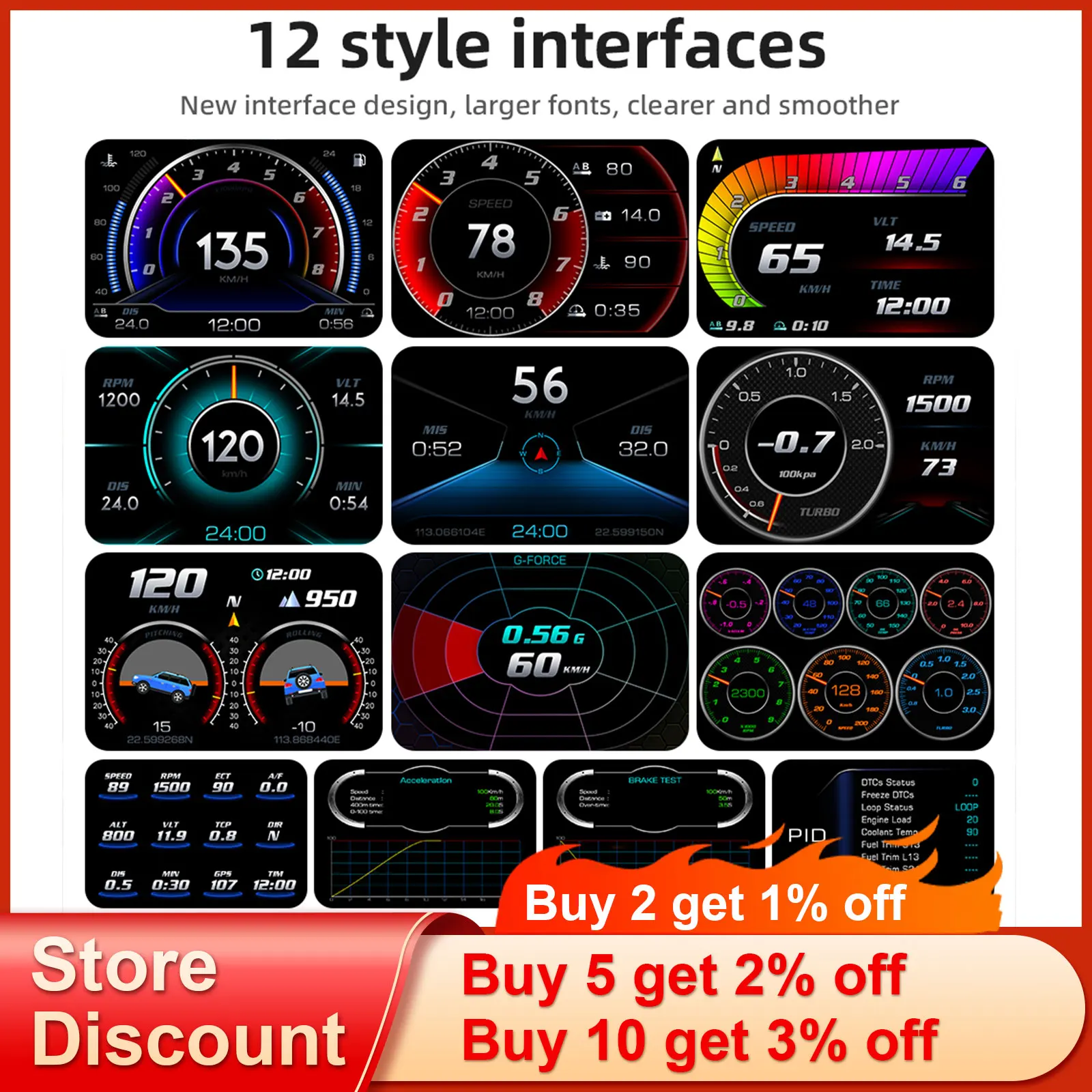AD Digital Car LCD HUD GPS OBD2 Head Up Display Slope Meter Speed Alarm KM/H MPH Speedometer Tachometer Water Temp Boost Gauge - Image 2