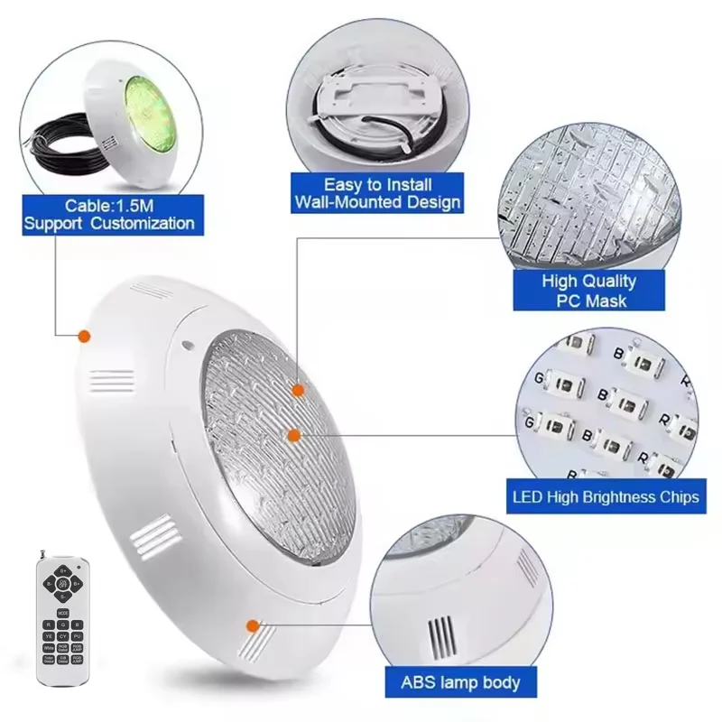 Piscina de superfície led 12v luz subaquática rgb lâmpada de natação ip68 à prova de água abs 12w 18w 25 36 45 iluminação fonte - Image 3