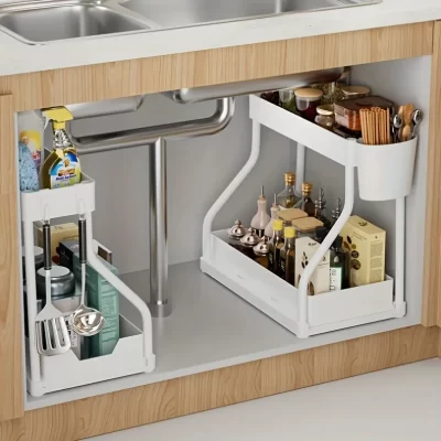 Economia de espaço 2 camadas pull out caixa de armazenamento durável grande capacidade cozinha banheiro organizador gaveta essencial