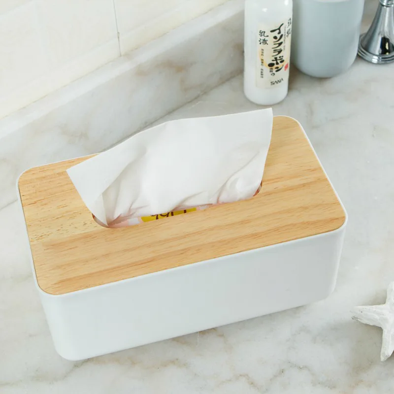 Plastic Tissue Box Wooden Lid Square Napkin Holder Container Wet Tissue Paper Dispenser Case Modern Home Car Organizer - Image 4