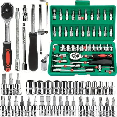 46 pçs ferramentas da família 1/4 conjunto kits de ferramentas mecânicas para reparação automóvel hous com soquetes métricos hex bit soquete conjunto polegada chave catraca