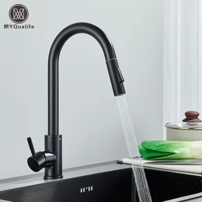 Torneira de cozinha preta com duas funções, alça única, misturador removível, água quente e fria, montada no deck