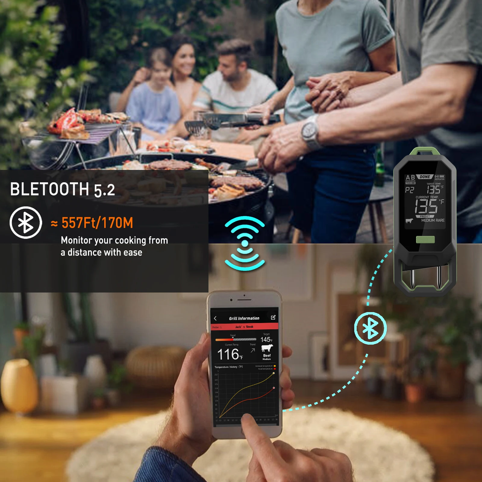 Termômetro de carne sem fio, sonda bluetooth, rastreamento de temperatura ambiente e alimentos em tempo real para cozinhar, churrasco, grelhar, fumante - Image 3