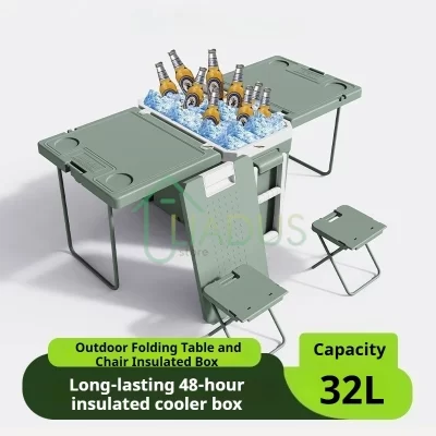 32L / 46L Camping Ice Box Foldable Portable Thermal Cooler with Table & Chair Function for Outdoor Camping Supplies and Picnic