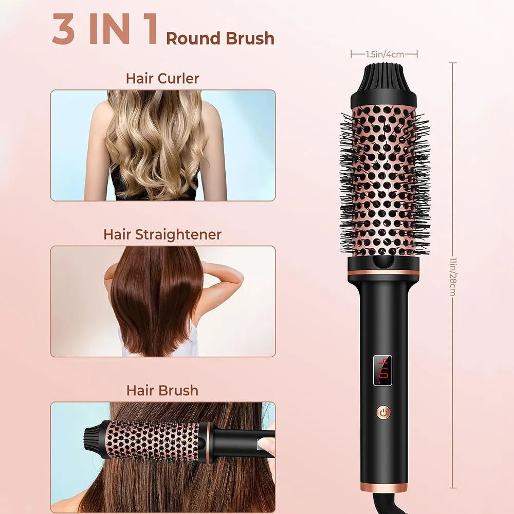 Escova térmica 1.5 Polegada escova de ondulação aquecida cerâmica curling ferro volumizing escova aquecimento escova redonda viagem modelador de cabelo pente - Image 6