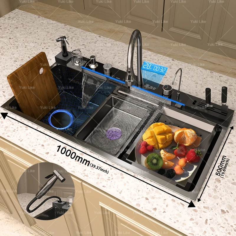 Pia de cozinha cascata de aço inoxidável, nova com rack de drenagem, display digital, grande slot único, pia de lavar louça, tigela - Image 2