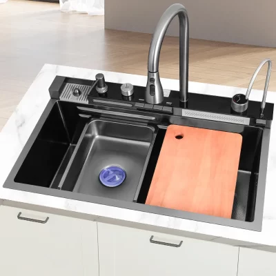 Pia de água da chuva em forma de baleia, cascata, pia de cozinha, novo em relevo, slot único, display digital moderno, pia de lavar louça
