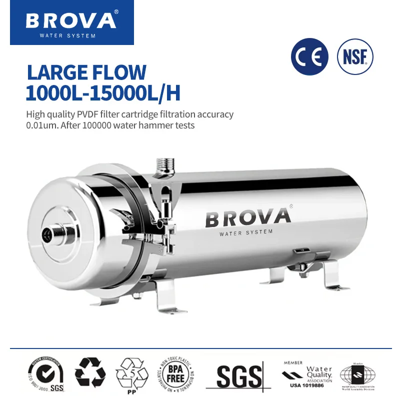 BROVA Casa Inteira Casa/Comercial Purificador de Água 0.01μm PVDF UF Sistema grande fluxo1000L-15000L/H SUS304 elemento de filtro de menor custo