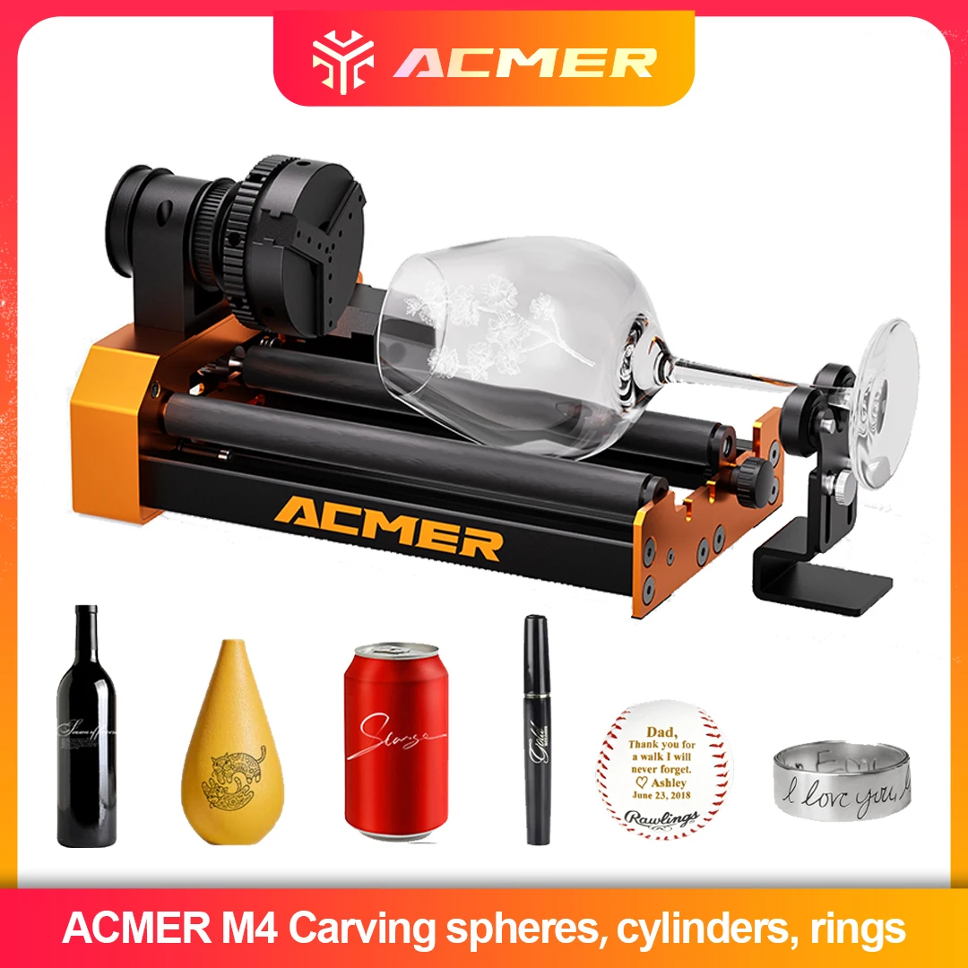 Mandril de rolo rotativo de 3 mandíbulas ACMER M4 para gravadores a laser 360 ° Pinça de rotação com diâmetro 4-64 mm, ideal para copos, anéis, objetos curvos