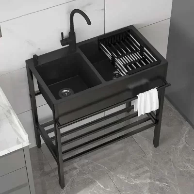 Suporte integrado bacia de vegetais com pias de cozinha de aço inoxidável grande bacia de lavar louça piso-pé varanda pia dupla