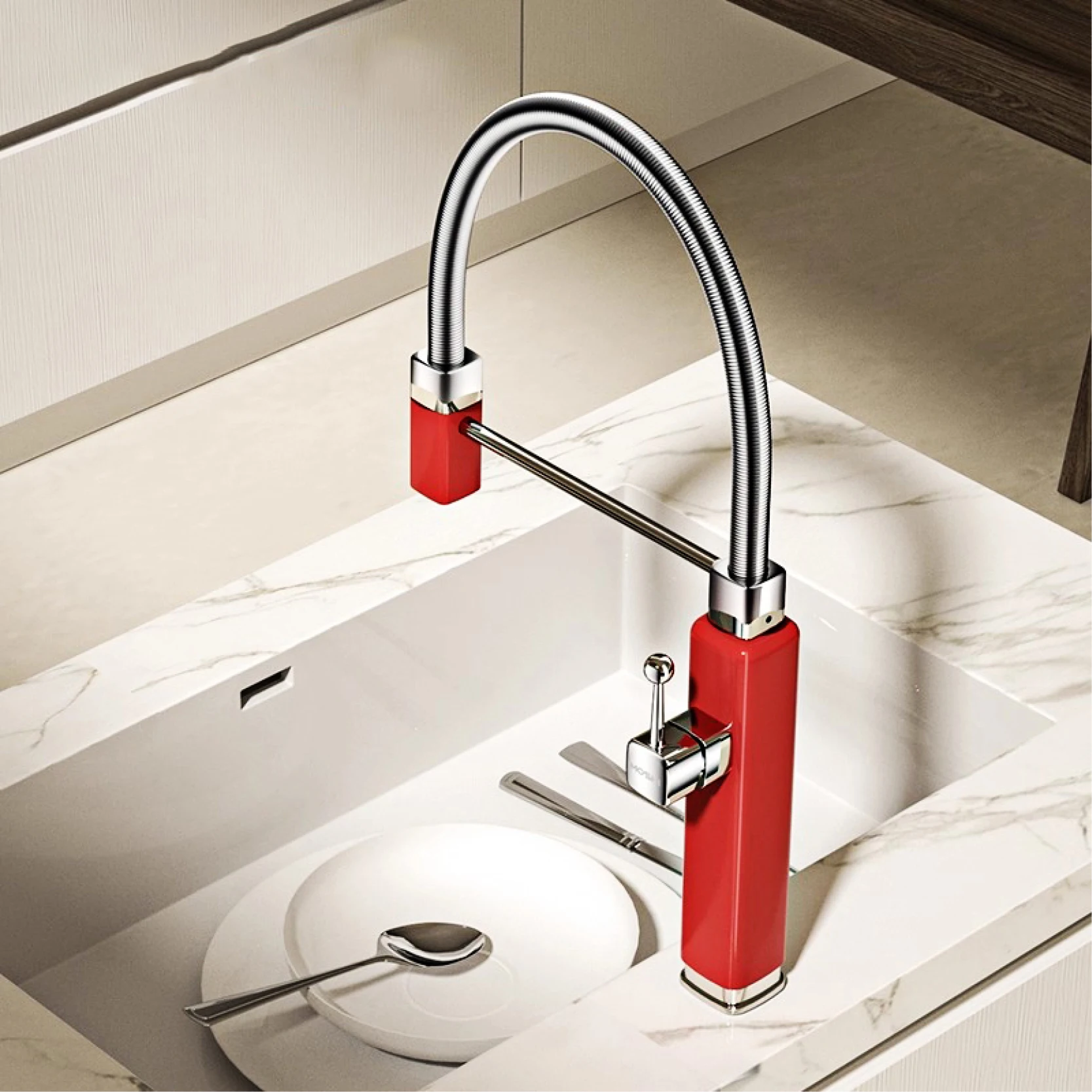 Torneira de cozinha moderna de latão vermelho com alça única e núcleo de válvula de cerâmica de furo único, misturador de pia removível de água quente e fria - Image 2