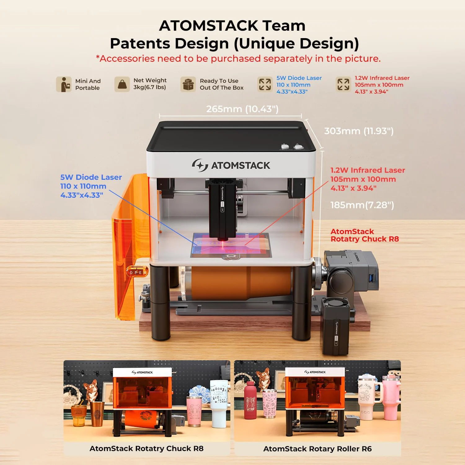 Atomstack p1 mini gravador a laser duplo 2 em 1, diodo 5w e cortador infravermelho de 1.2w, máquina de gravação fechada para metal e acrílico - Image 2