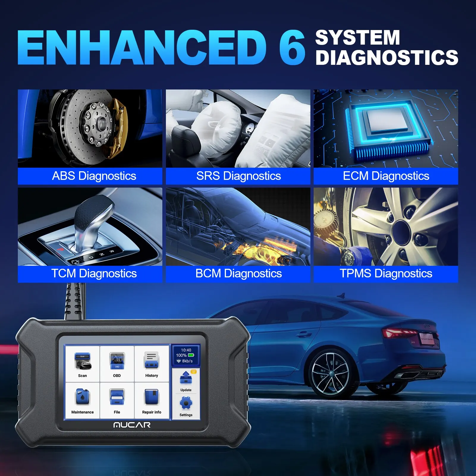 MUCAR-CS6 Scanner automotivo para carro, ferramenta de diagnóstico, ABS, SRS, TCM, ECM, TPMS 6, leitura do código do sistema, freio a óleo, 7 Reset, atualização gratuita vitalícia - Image 2